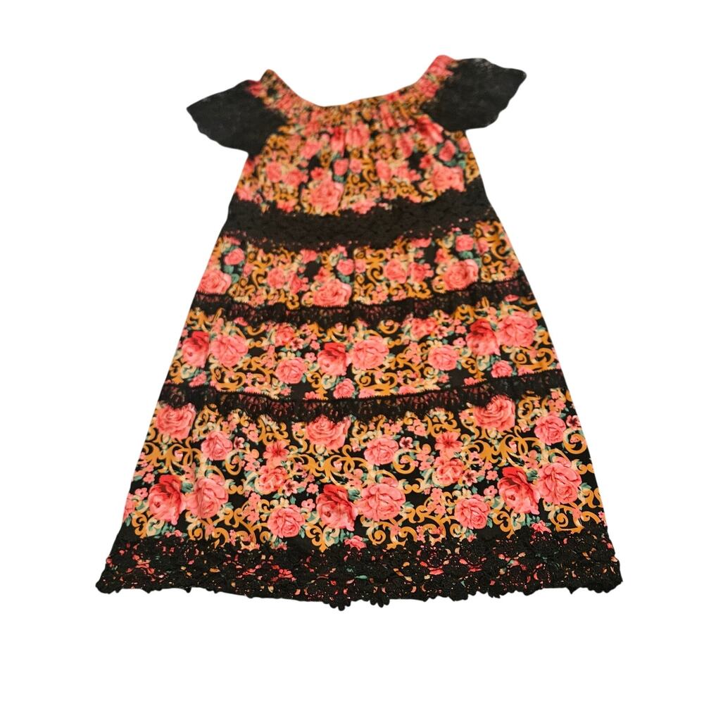 Ryan Michael Floral Lace Trim Tunic Dress Women’s Medium Black Pink Rose Boho